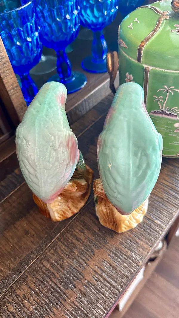 Vintage Parrot Figurines, Pair, Brazil, Pink and Green