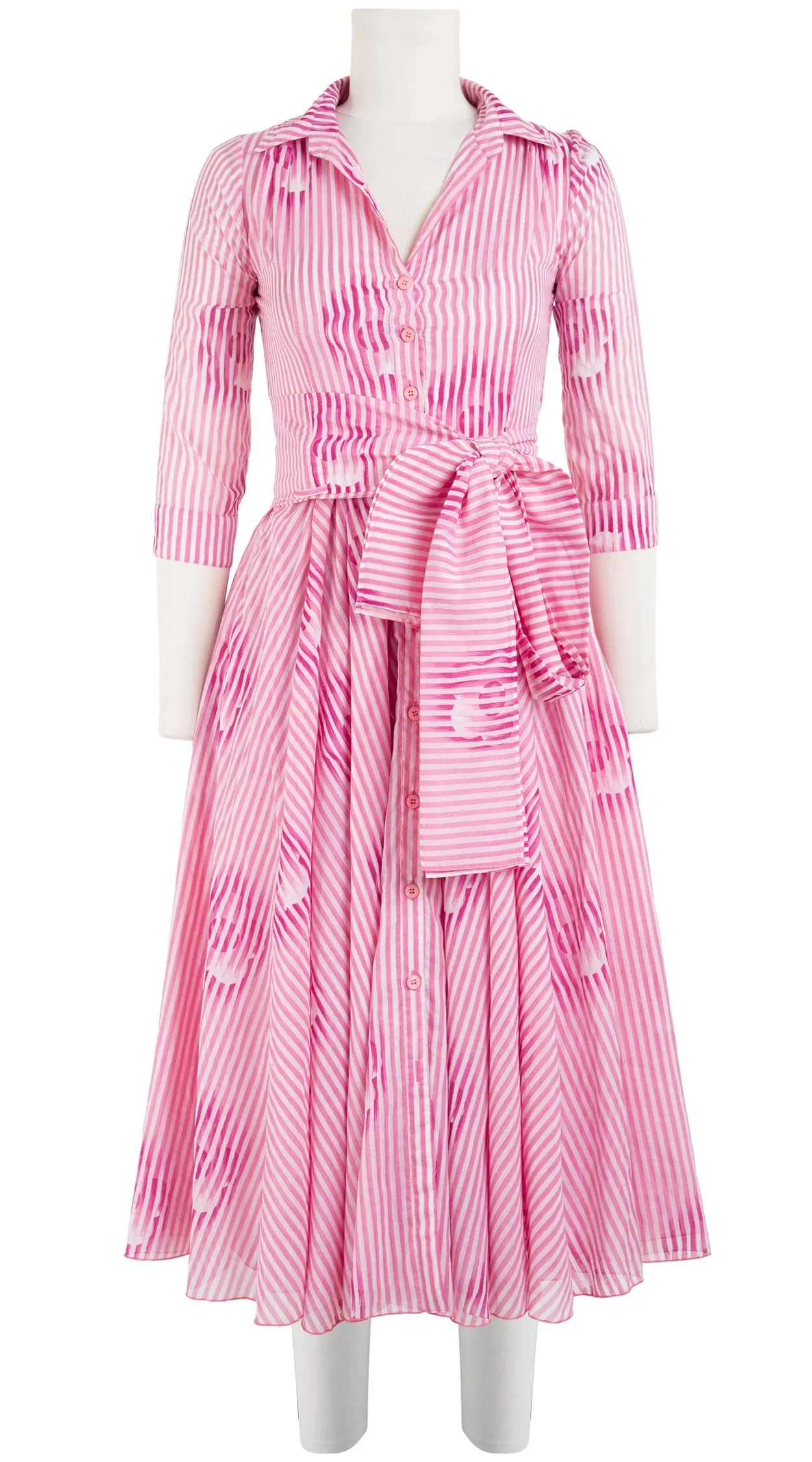Vivien Dress Shirt Collar 3/4 Sleeve Midi Length Cotton Musola (Oxford Stripe)