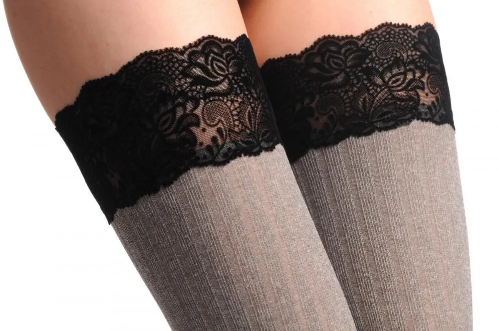 Warm Striped Grey With Black Velvet Silicon Floral Garter 60 Den