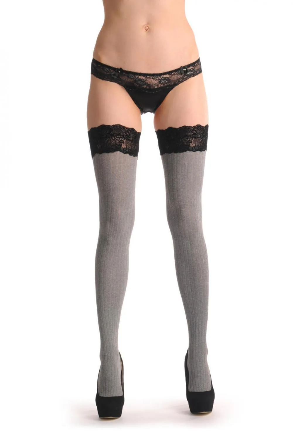 Warm Striped Grey With Black Velvet Silicon Floral Garter 60 Den