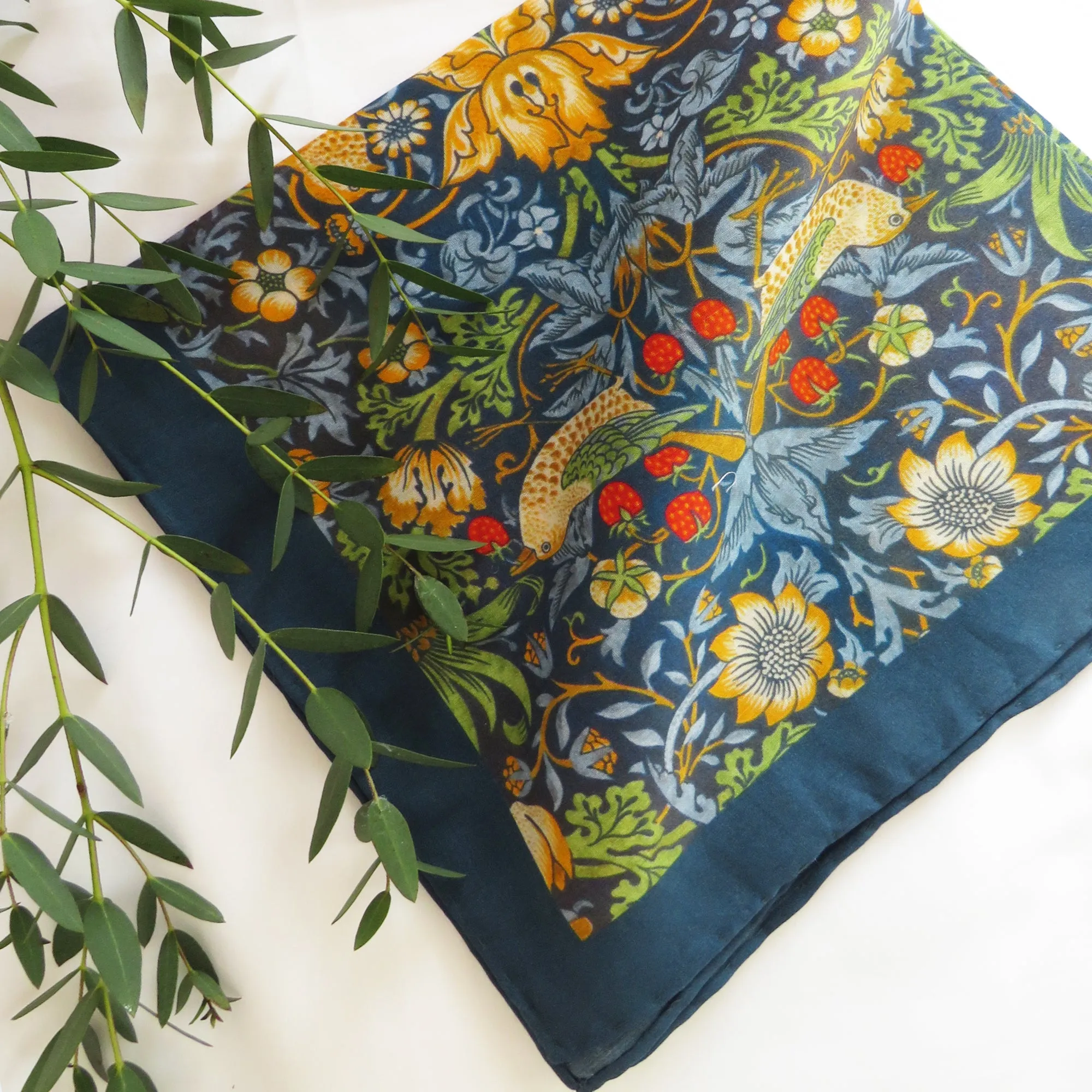 William Morris 'Strawberry Thief' Navy Cotton Silk Blend Pocket Square Handkerchief