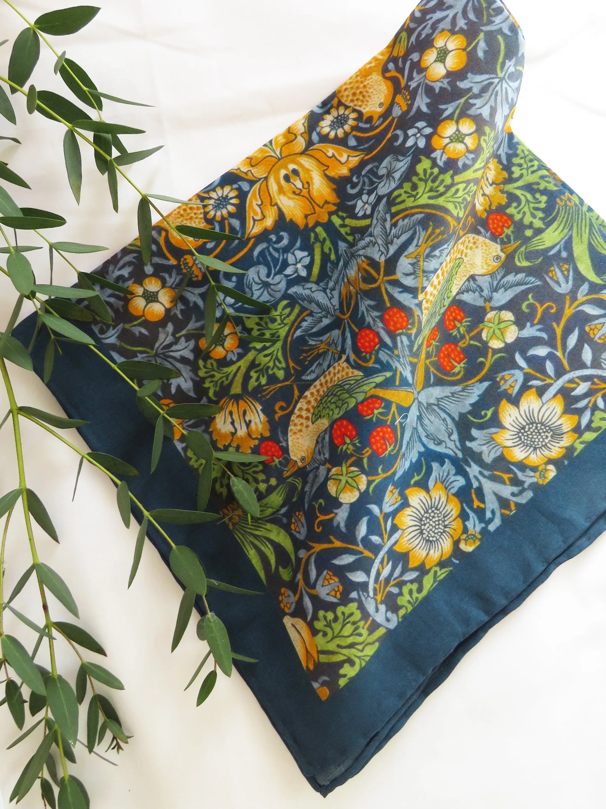 William Morris 'Strawberry Thief' Navy Cotton Silk Blend Pocket Square Handkerchief