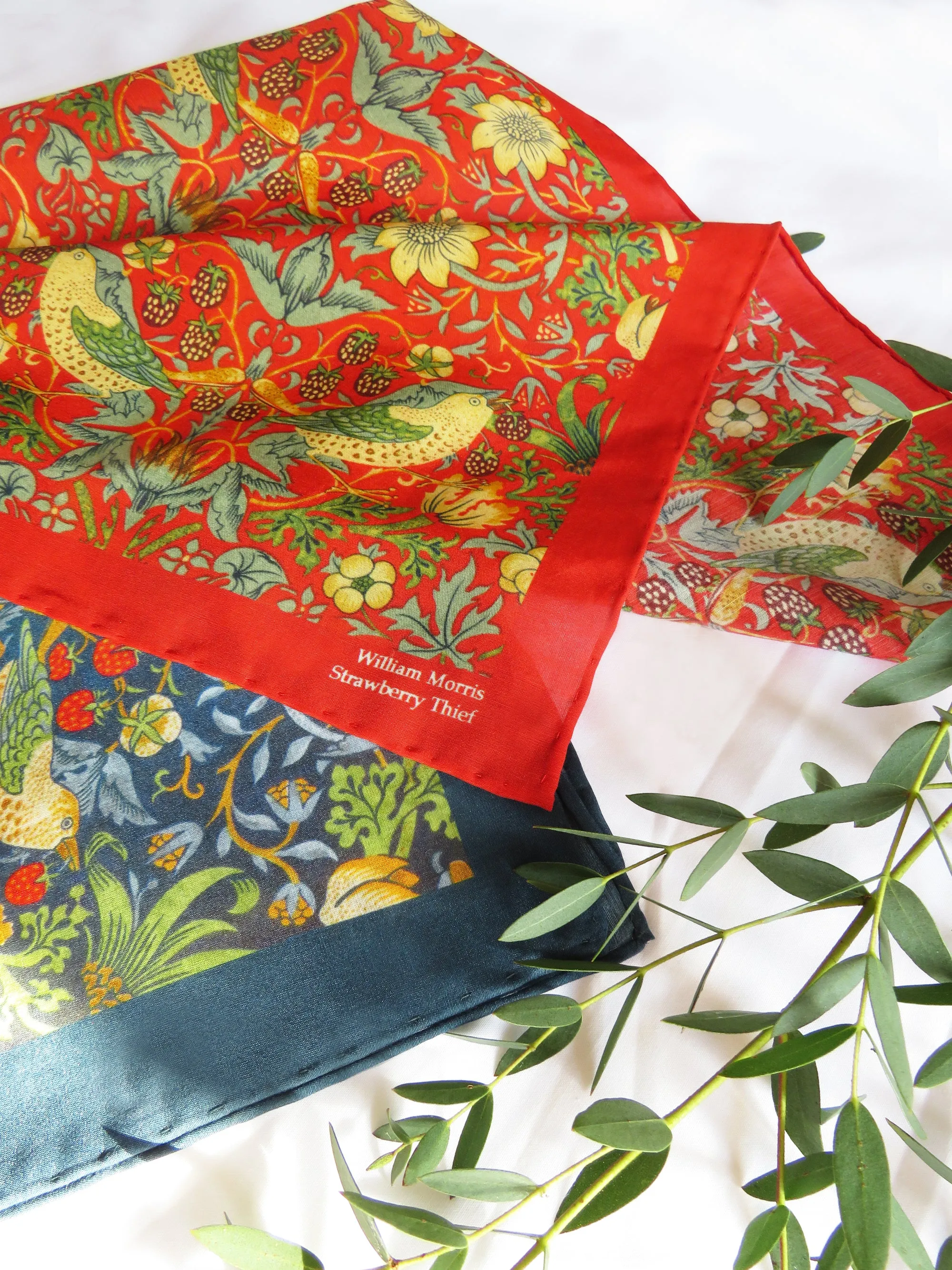 William Morris 'Strawberry Thief' Navy Cotton Silk Blend Pocket Square Handkerchief