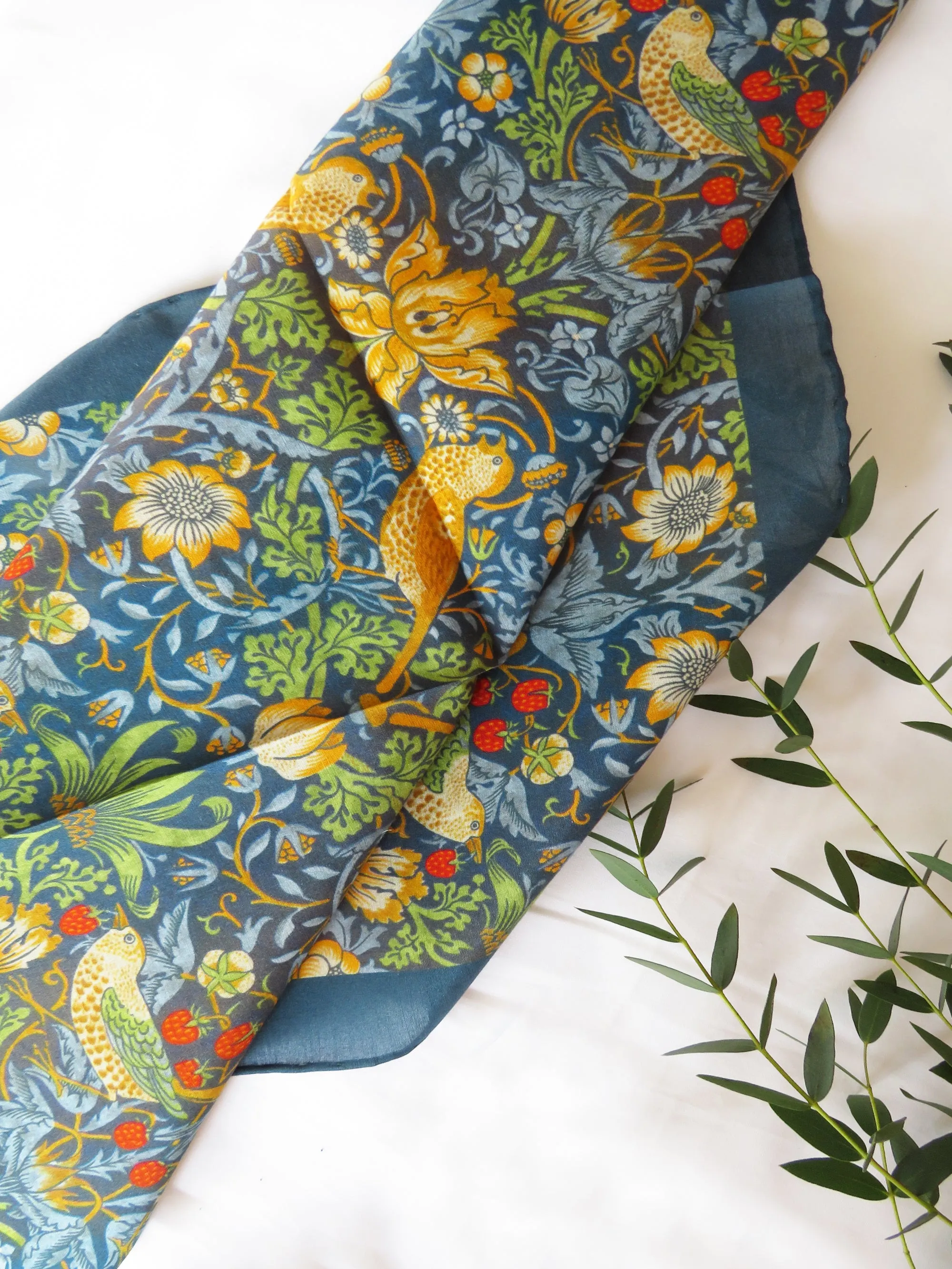 William Morris 'Strawberry Thief' Navy Cotton Silk Blend Pocket Square Handkerchief