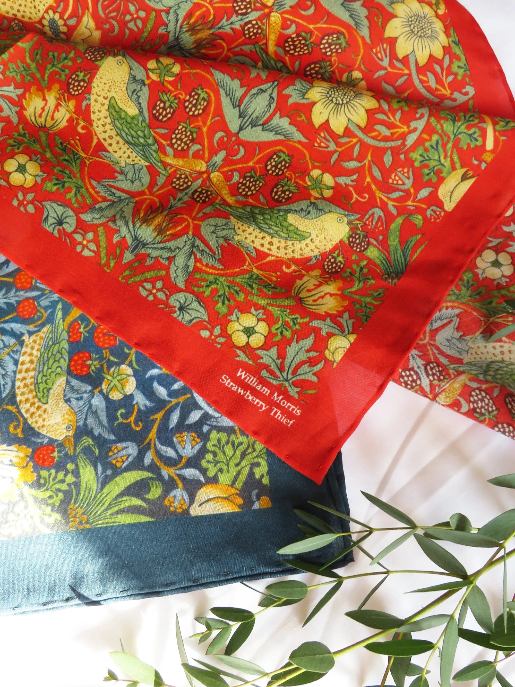 William Morris 'Strawberry Thief' Red Cotton Silk Blend Pocket Square Handkerchief