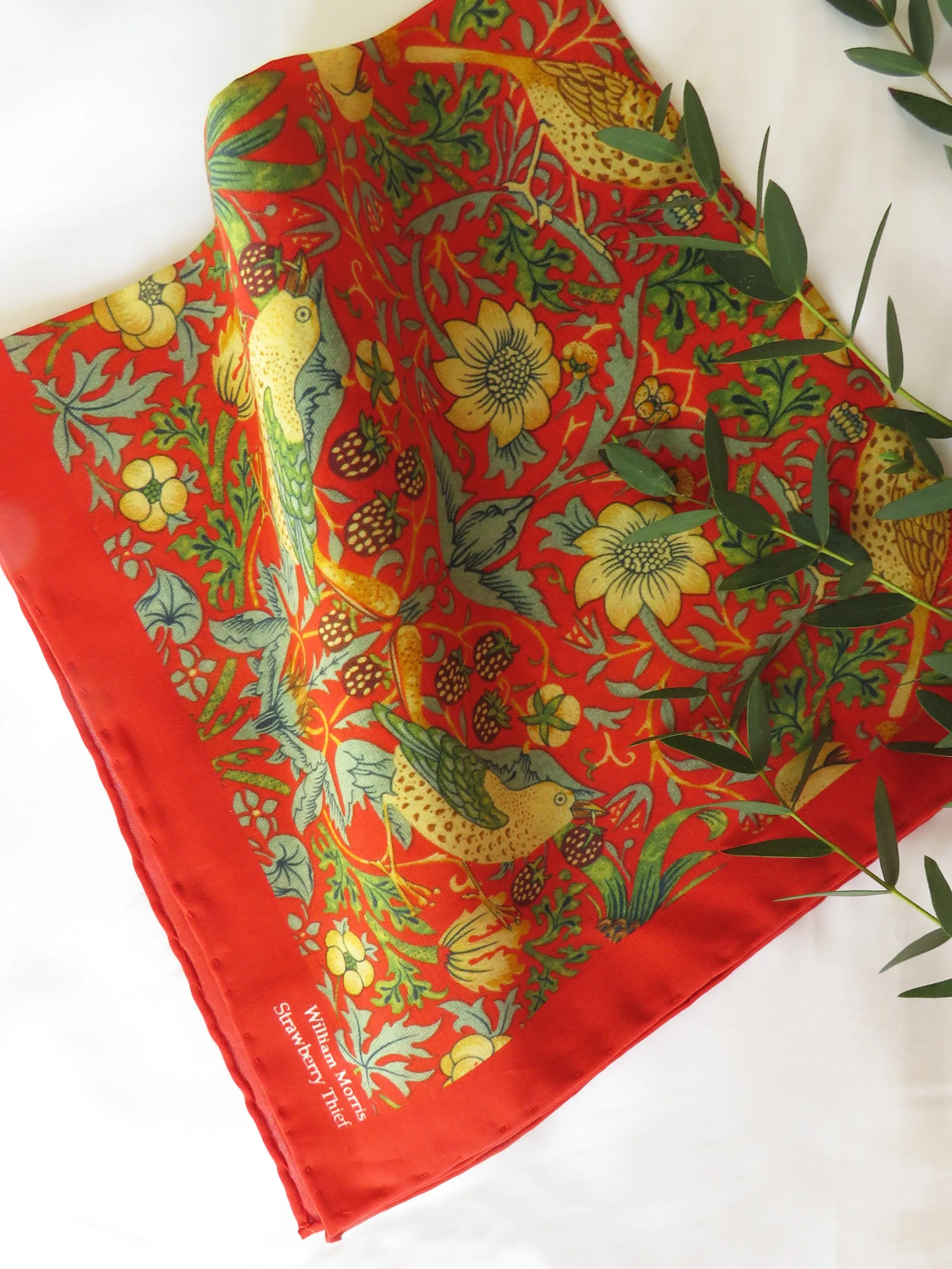 William Morris 'Strawberry Thief' Red Cotton Silk Blend Pocket Square Handkerchief