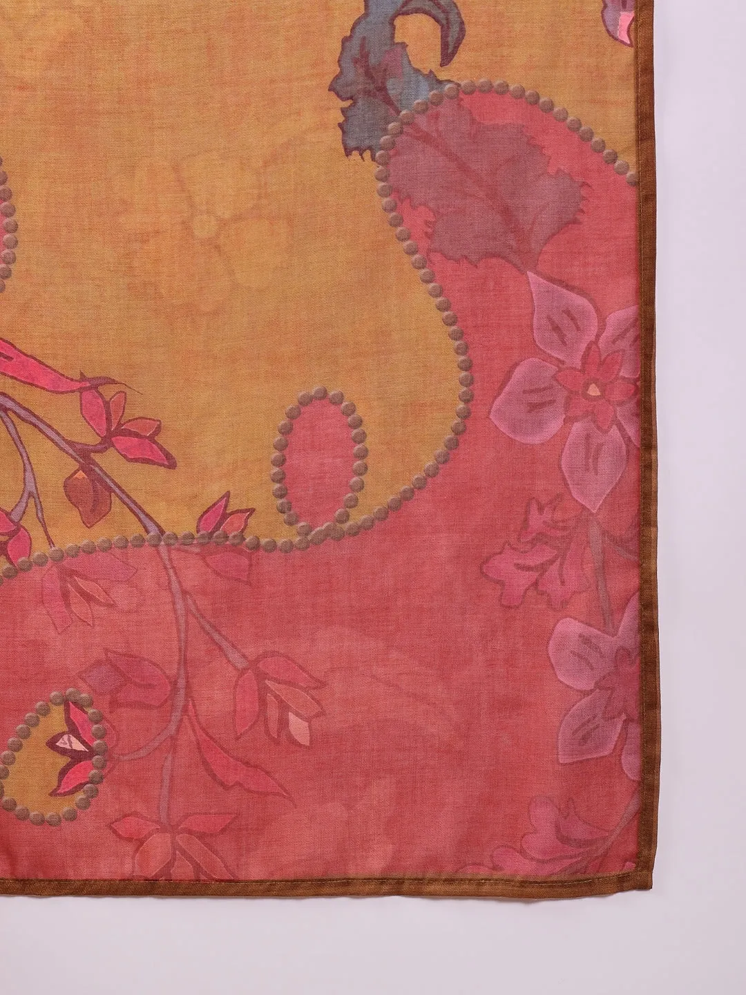 Women Mustard Silk Blend Floral Printed Straight Kurta Trouser With Dupatta